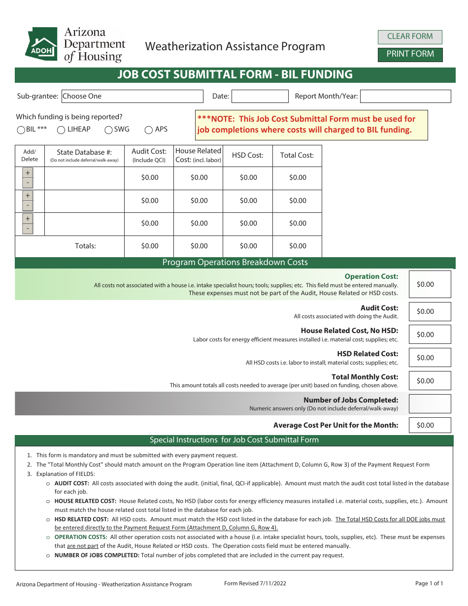 Job Cost Submittal Form - Bil Funding - Weatherization Assistance Program - Arizona, Page 1