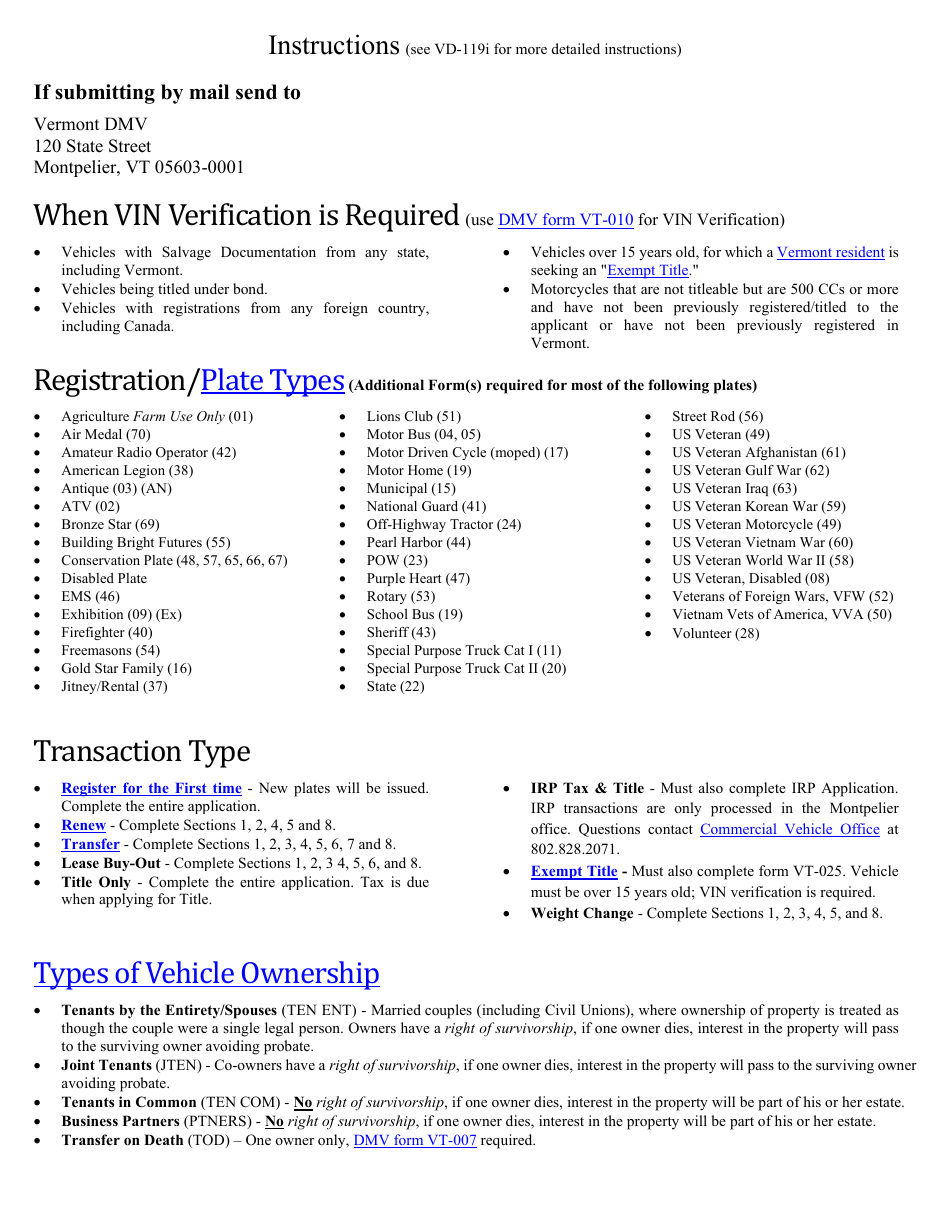 Form VD-119 Vermont Registration Tax  Title Application - Vermont, Page 1