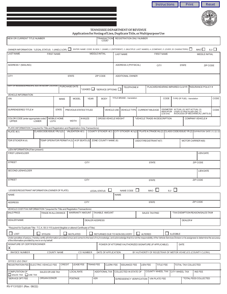Form RV-F1315201 Application for Noting of Lien, Duplicate Title, or Multipurpose Use - Tennessee, Page 1