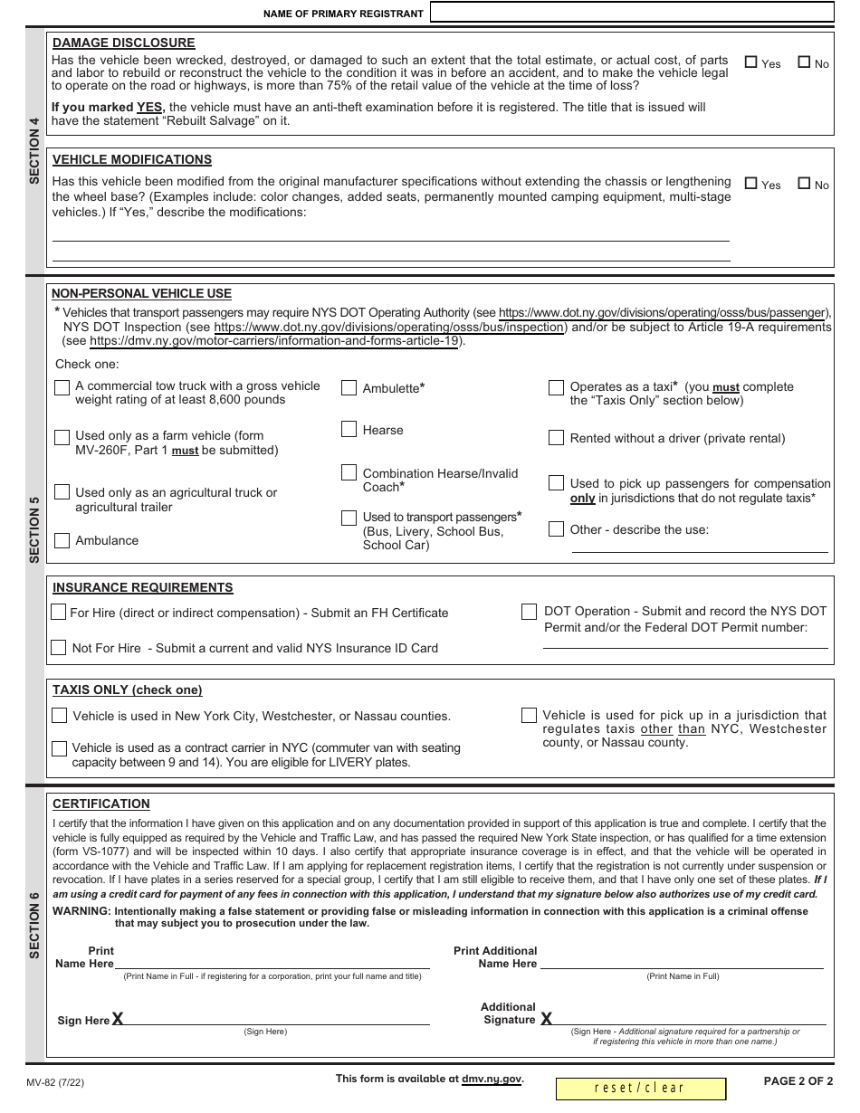 Form Mv 82 Download Fillable Pdf Or Fill Online Vehicle Registration