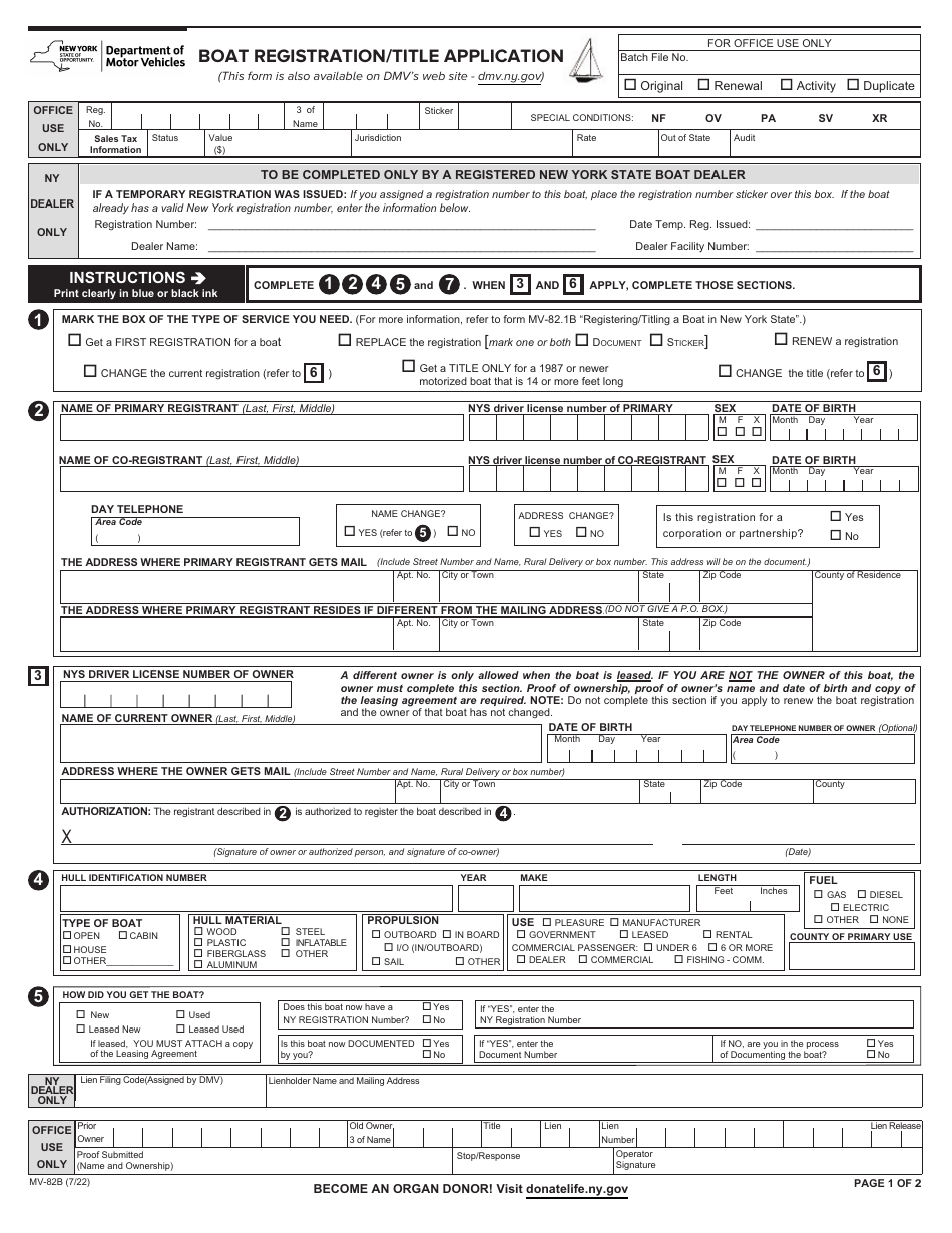 Form MV-82B Boat Registration / Title Application - New York, Page 1
