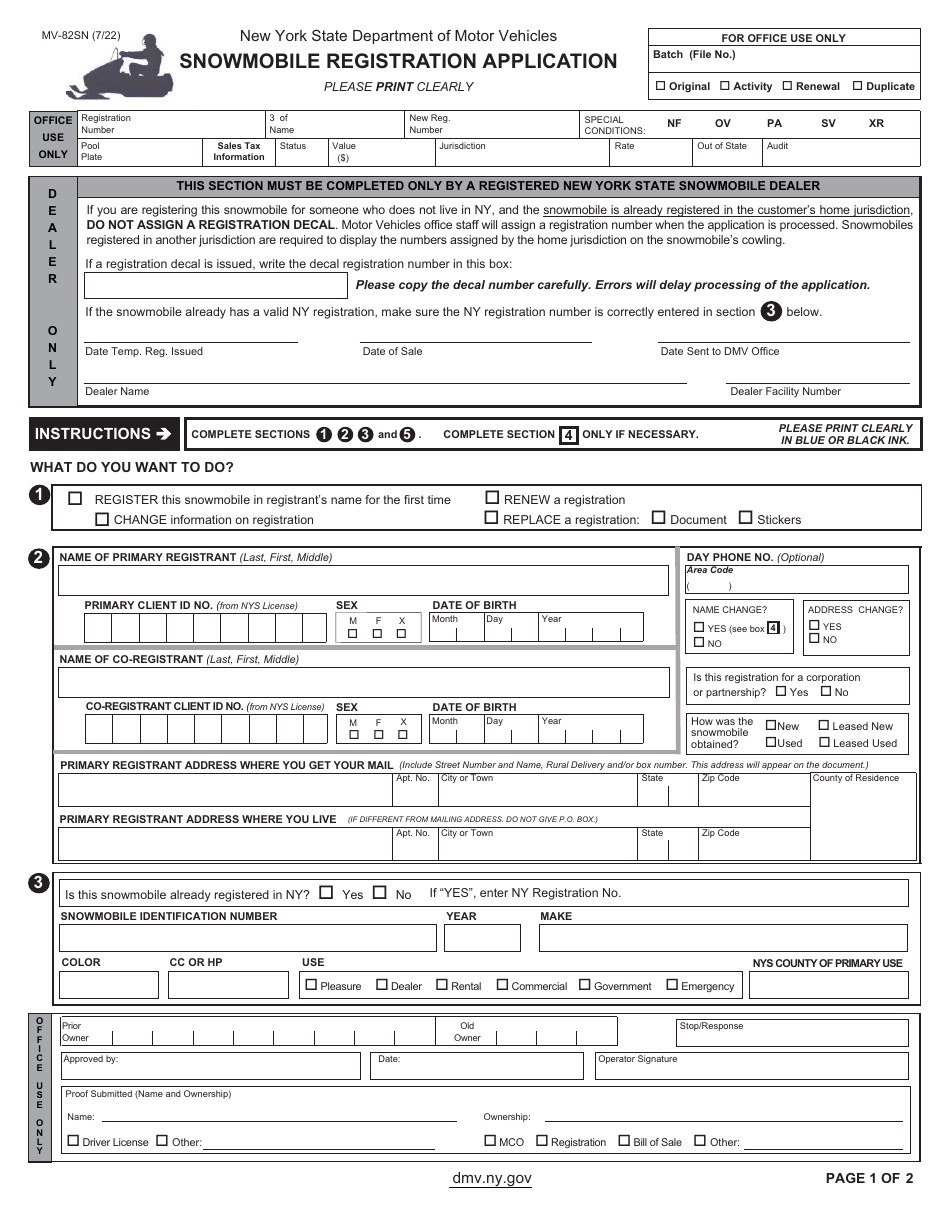 Form MV-82SN Download Fillable PDF or Fill Online Snowmobile ...