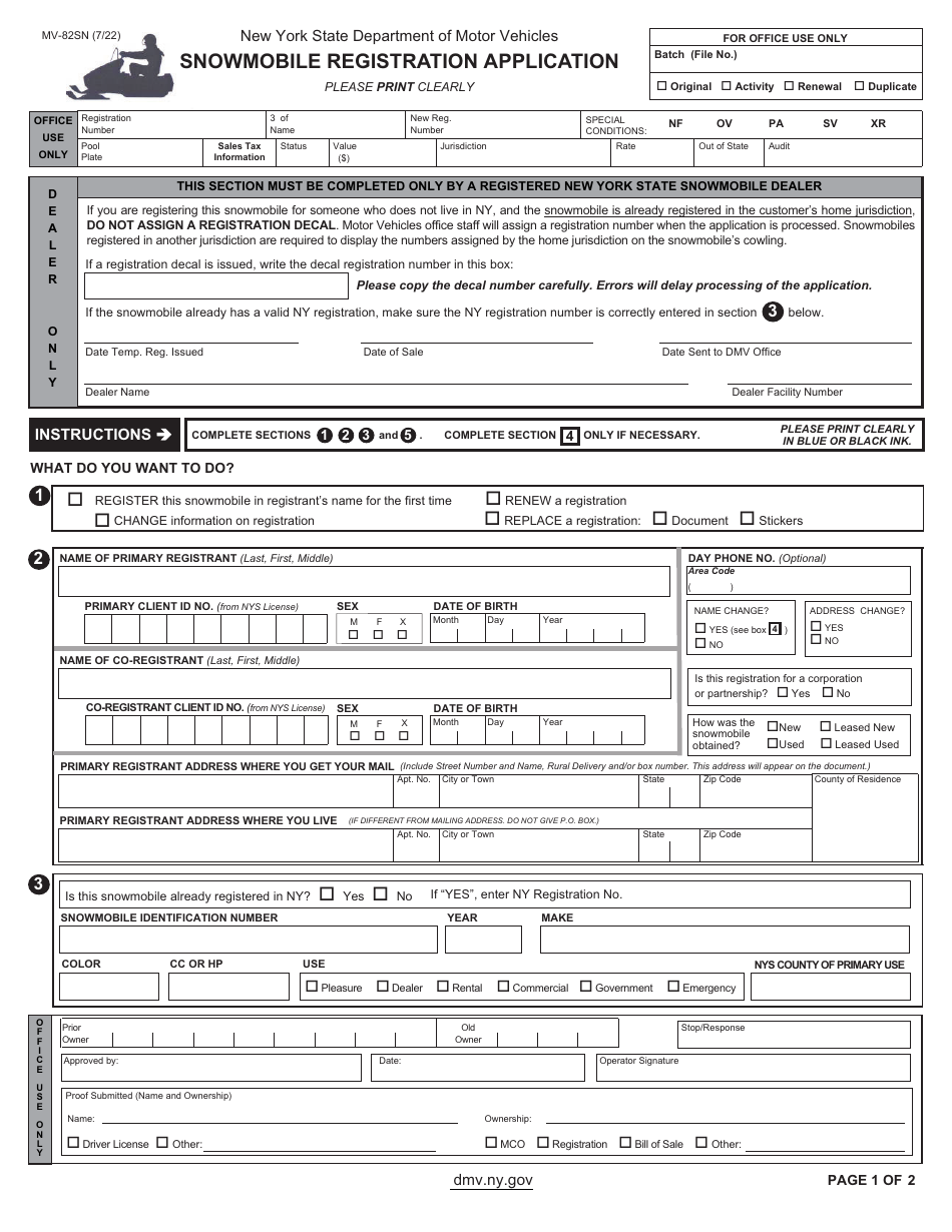 Form MV-82SN Snowmobile Registration Application - New York, Page 1