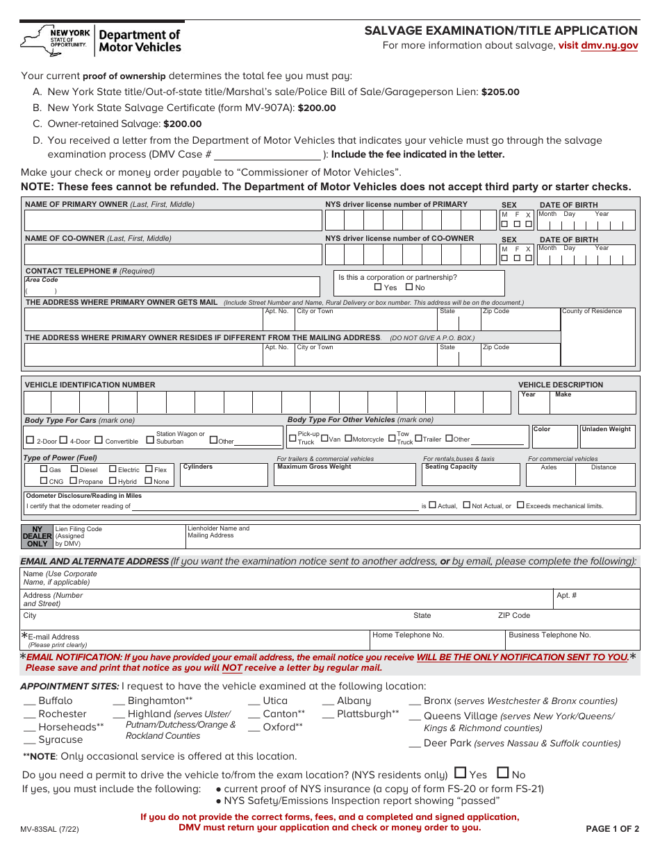 Form MV-83SAL Salvage Examination / Title Application - New York, Page 1