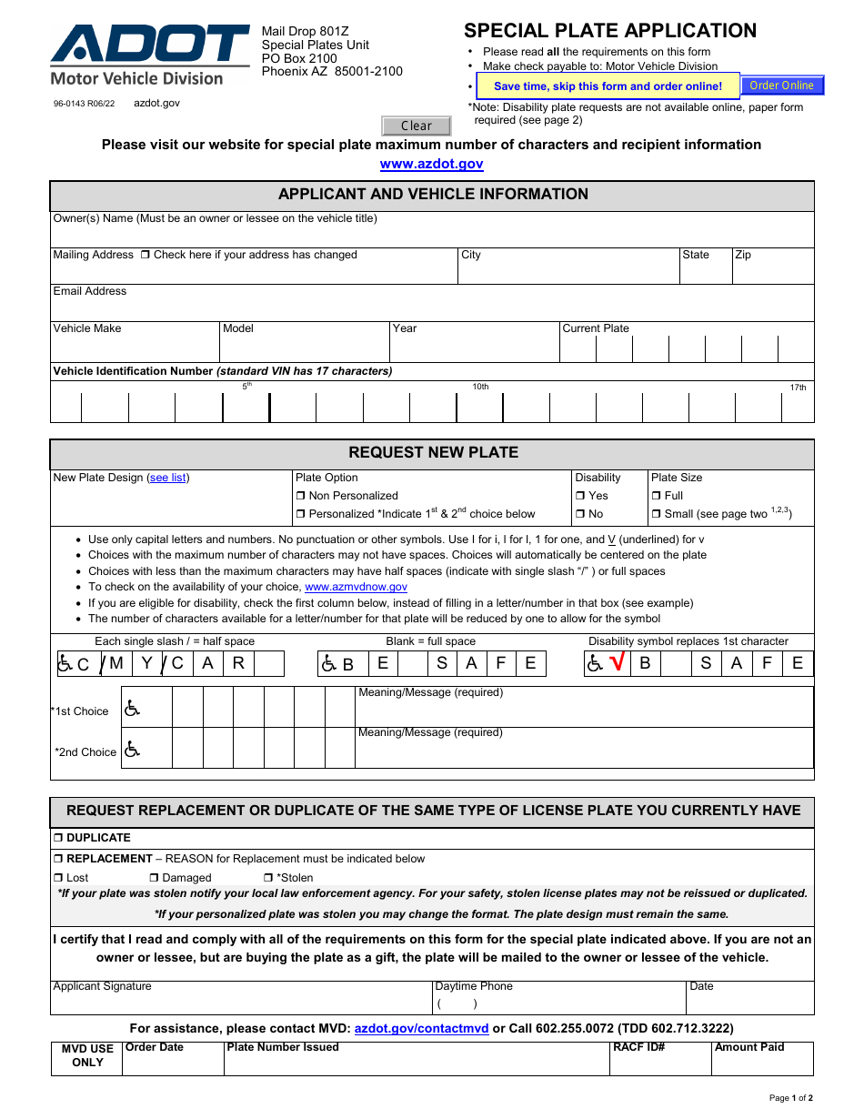 Form 96-0143 Special Plate Application - Arizona, Page 1