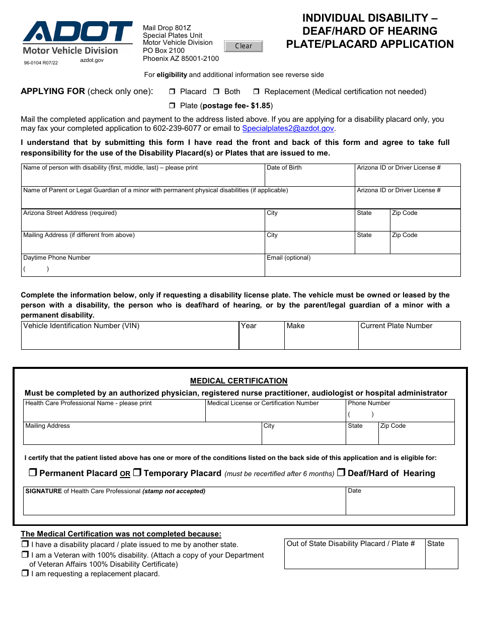 Form 96-0104 Download Fillable PDF or Fill Online Individual Disability ...