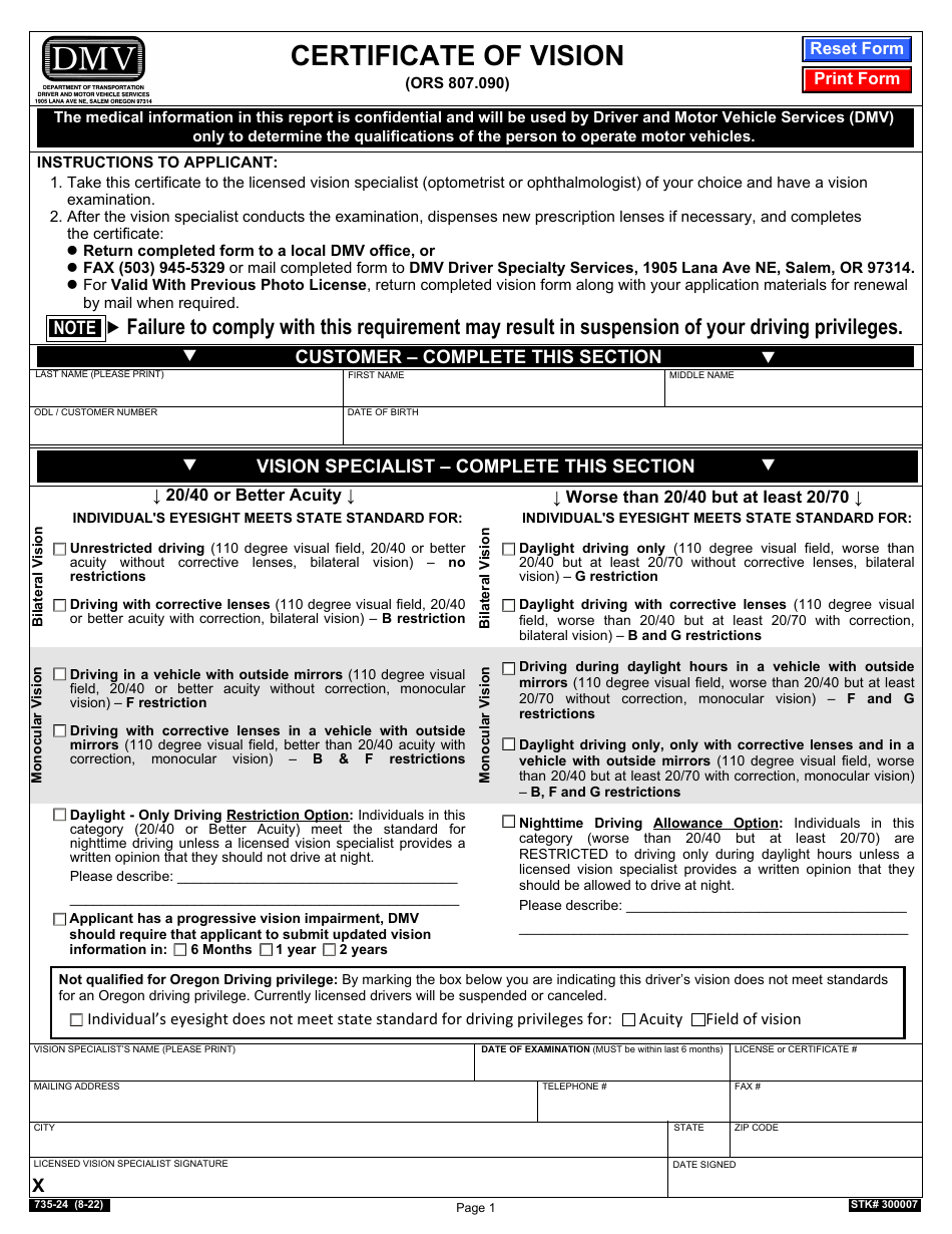 Form 735-24 Certificate of Vision - Oregon, Page 1