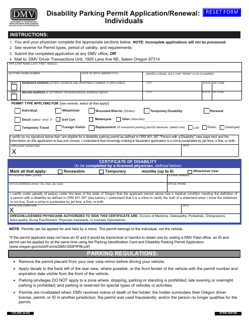 Form 735-265 Disability Parking Permit Application/Renewal: Individuals - Oregon