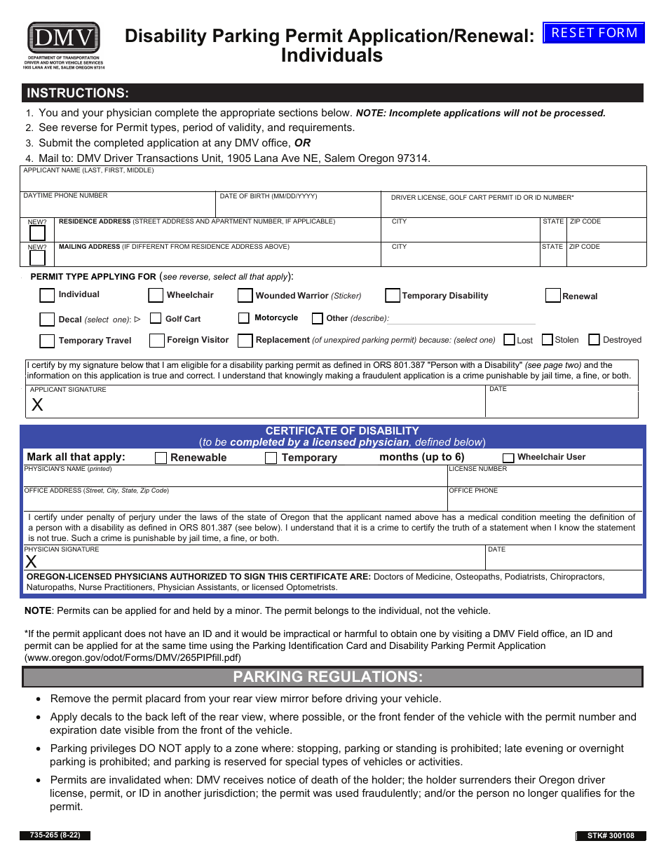 Form 735-265 Disability Parking Permit Application / Renewal: Individuals - Oregon, Page 1