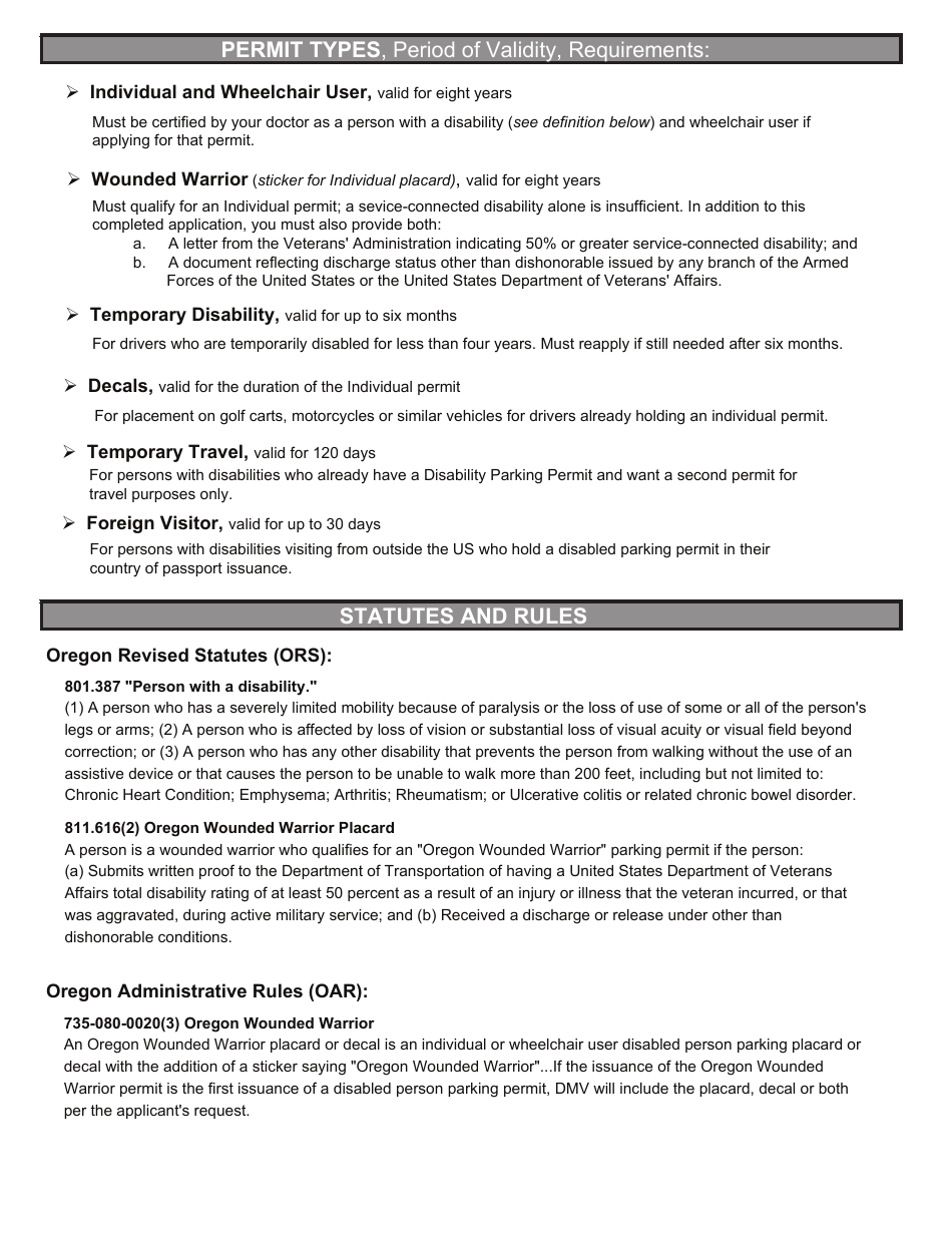 Form 735-265 Disability Parking Permit Application / Renewal: Individuals - Oregon, Page 2