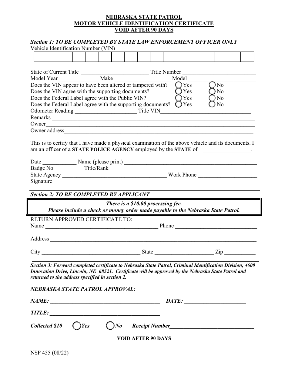 Form NSP455 Motor Vehicle Identification Certificate - Nebraska, Page 1