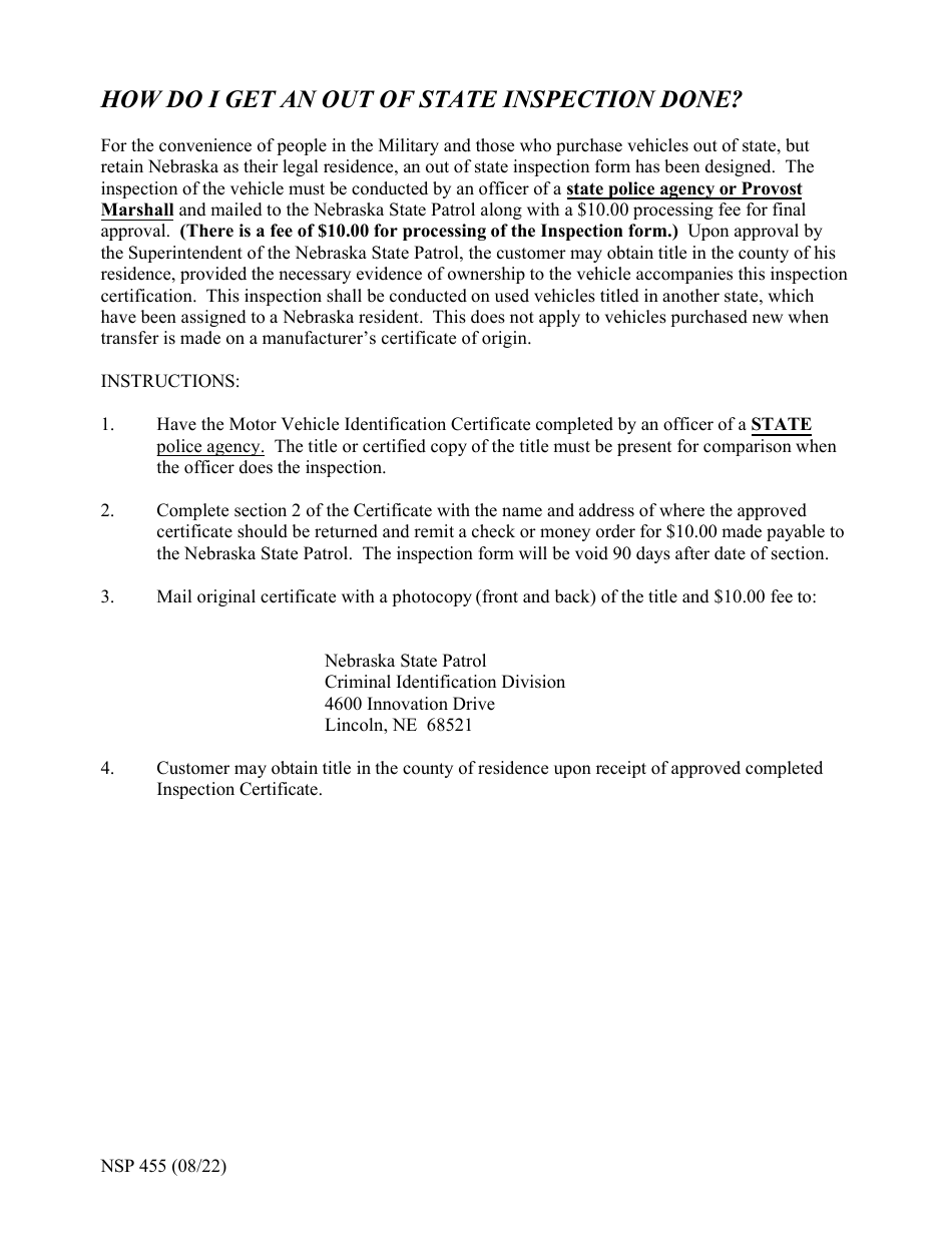 Form NSP455 Motor Vehicle Identification Certificate - Nebraska, Page 2