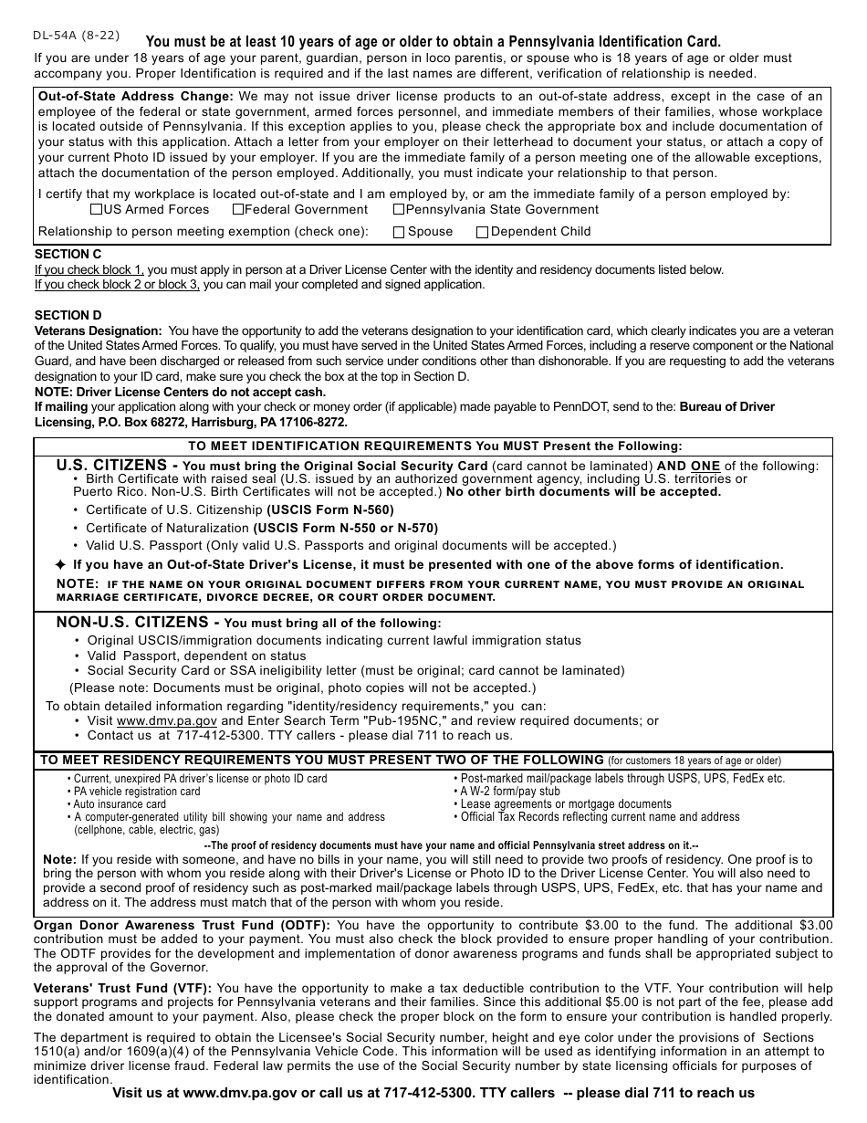 Form DL-54A Application for Initial Identification - Pennsylvania, Page 2