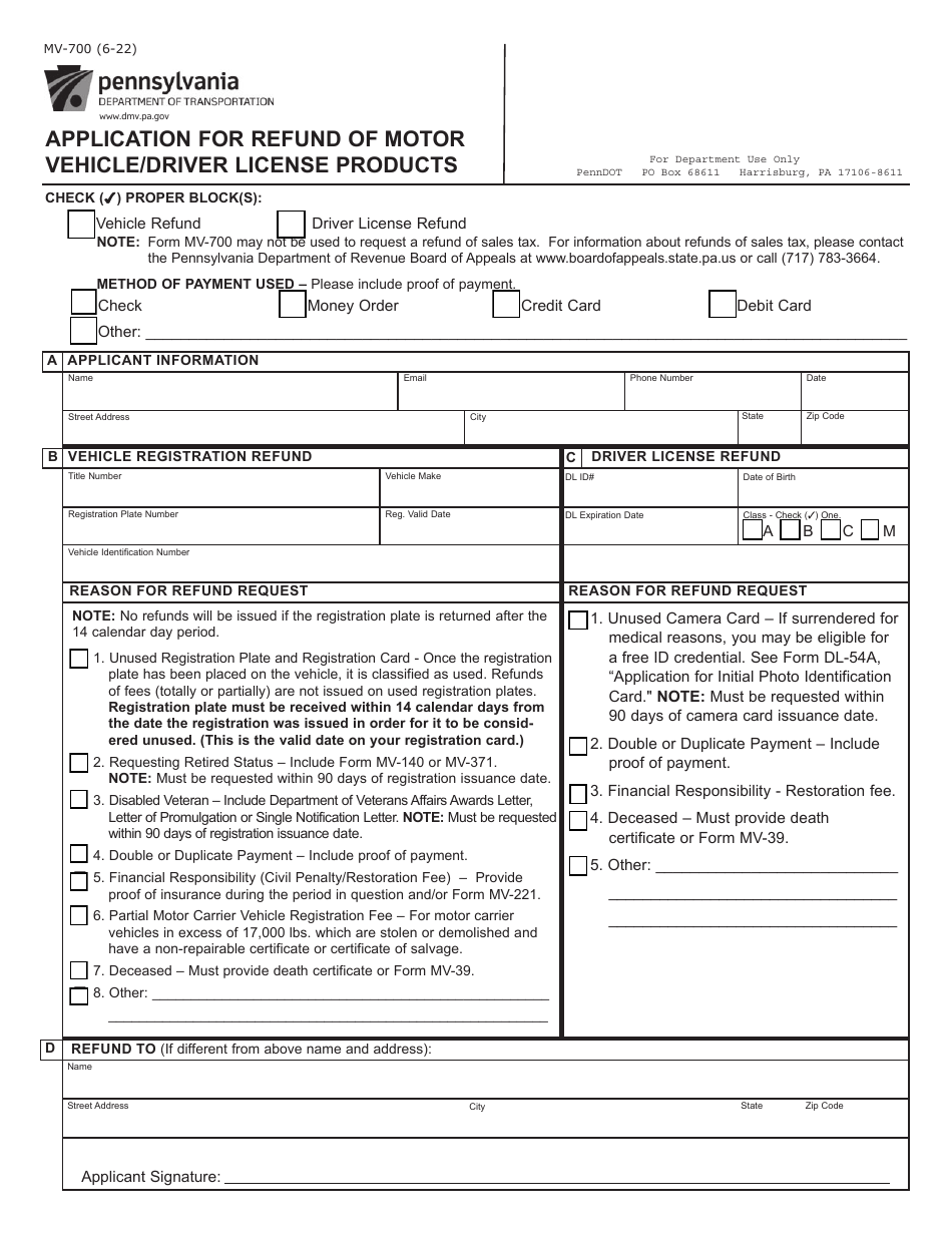 Form MV-700 Application for Refund of Motor Vehicle / Driver License Products - Pennsylvania, Page 1