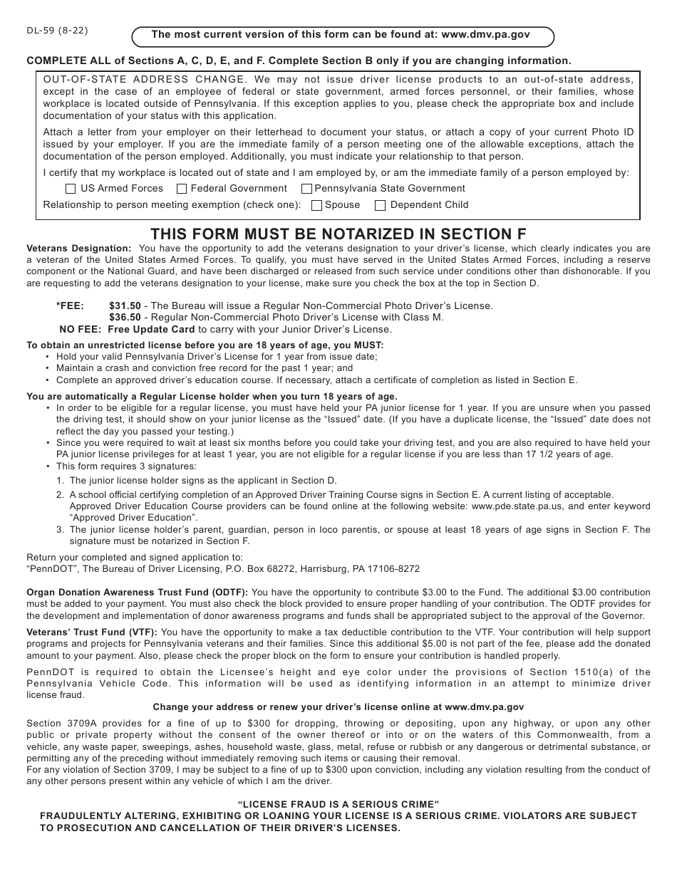 Form DL-59 Application for Change From a Junior Drivers License to a Regular Non-commercial License - Pennsylvania, Page 2