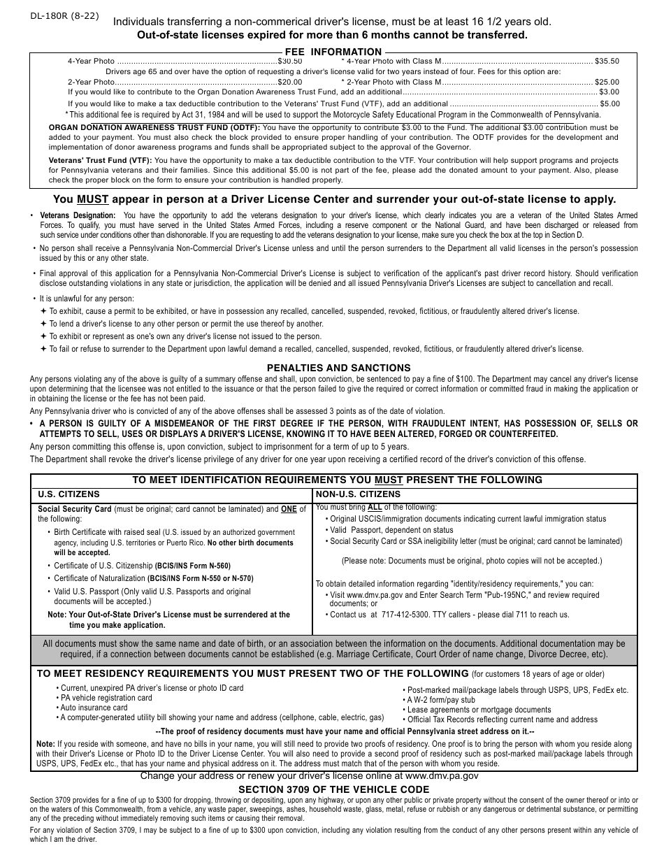 Form DL-180R Application for Pennsylvania Non-commercial Drivers License by Out-of-State Non Cdl Driver - Pennsylvania, Page 2