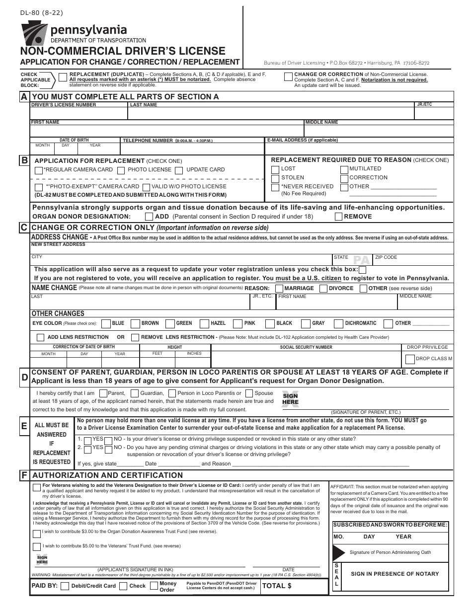 Form DL-80 Non-commercial Drivers License Application for Change / Correction / Replacement - Pennsylvania, Page 1
