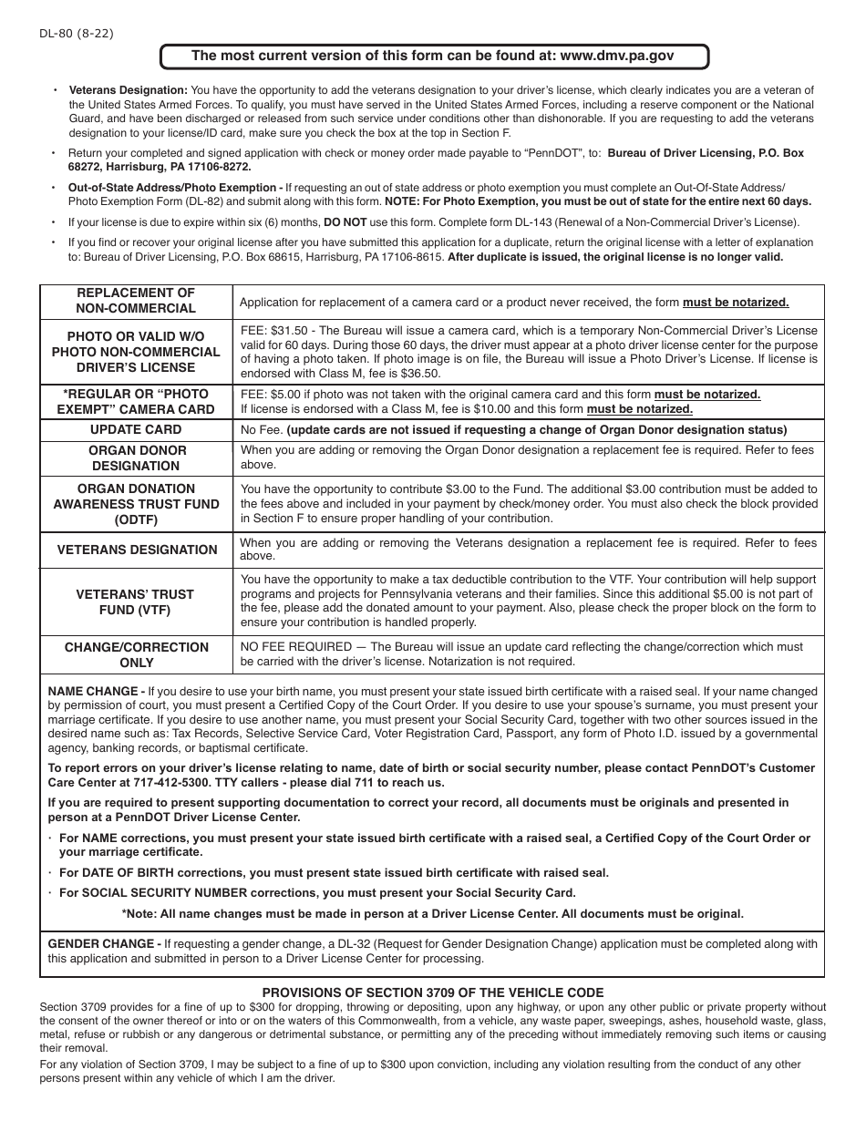 Form DL-80 Non-commercial Drivers License Application for Change / Correction / Replacement - Pennsylvania, Page 2