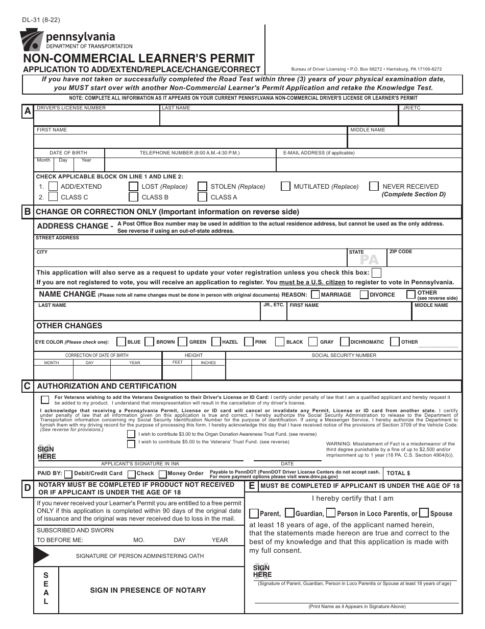 Form DL-31 Non-commercial Learners Permit Application to Add / Extend / Replace / Change / Correct - Pennsylvania, Page 1