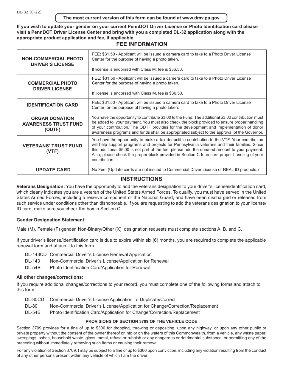 Form DL-32 Request for Gender Change on Drivers License / Identification Card - Pennsylvania, Page 2