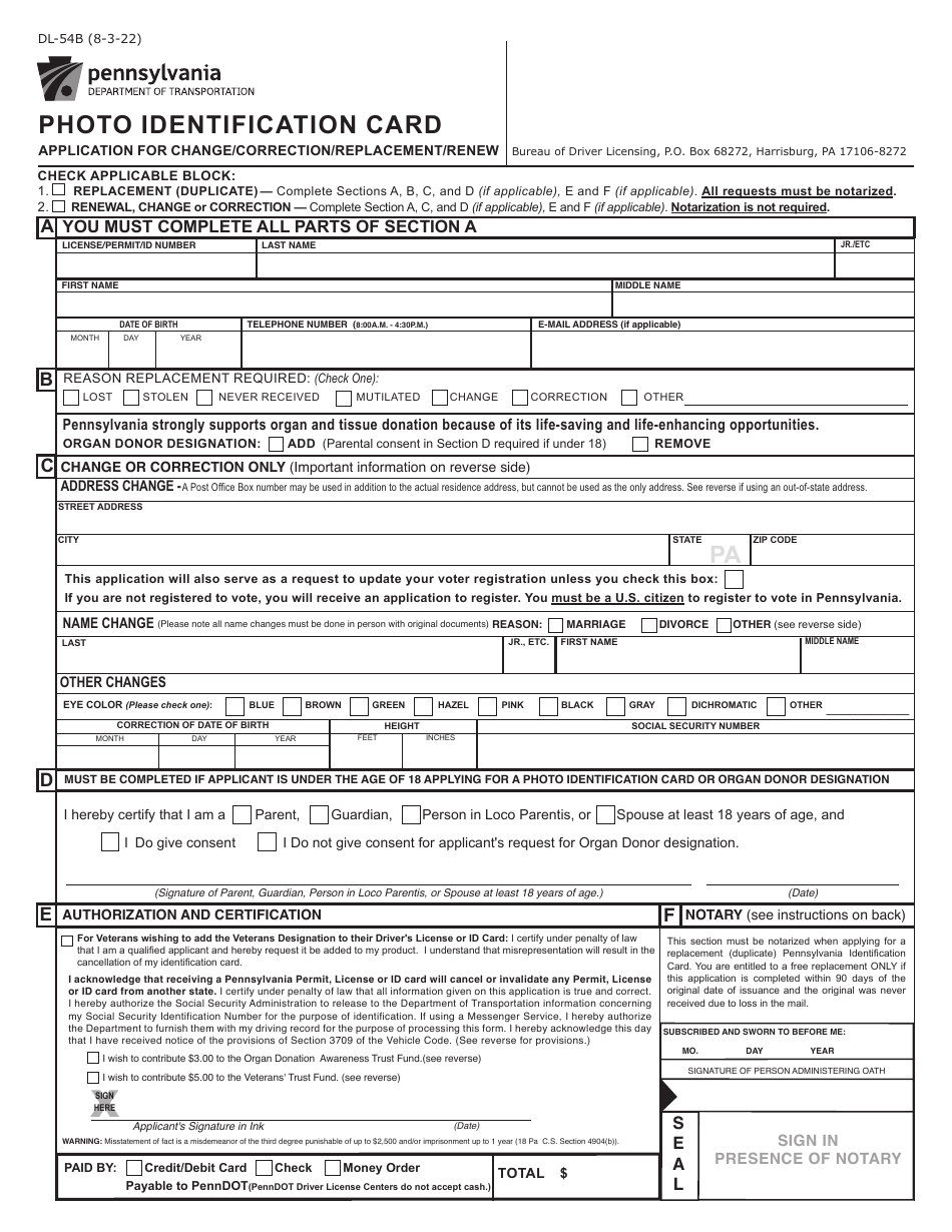 Form DL-54B Photo Identification Card Application for Change / Correction / Replacement / Renew - Pennsylvania, Page 1