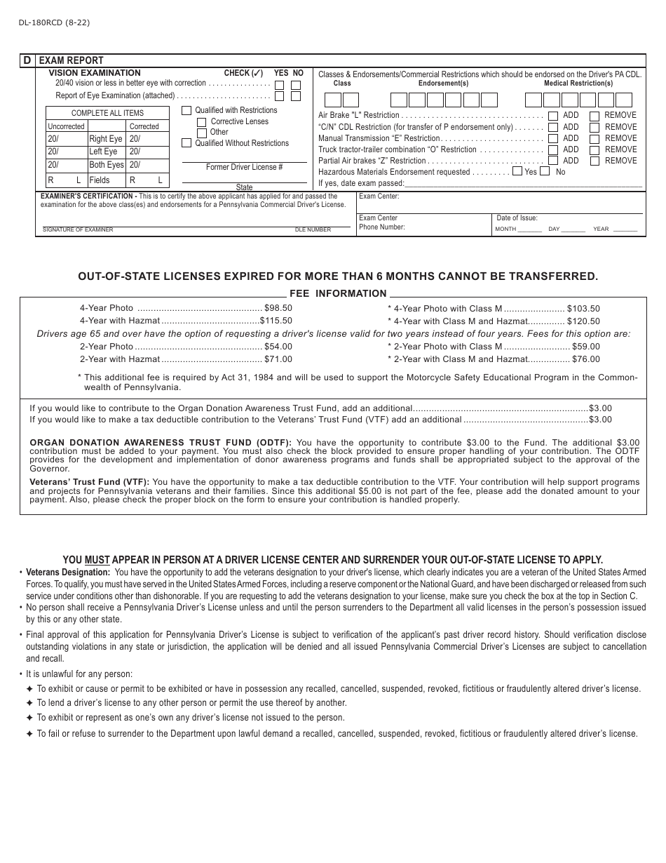 Form DL-180RCD Application for Pennsylvania Commercial Drivers License by Out-of-State Cdl Driver - Pennsylvania, Page 2