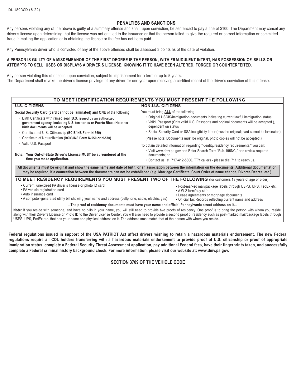 Form DL-180RCD Application for Pennsylvania Commercial Drivers License by Out-of-State Cdl Driver - Pennsylvania, Page 3