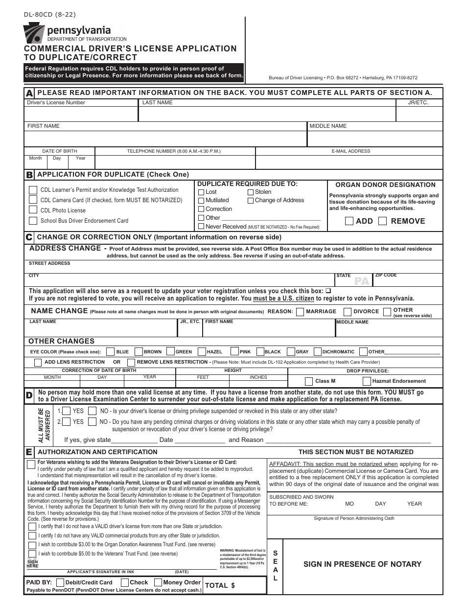 Form DL-80CD Commercial Drivers License Application to Duplicate / Correct - Pennsylvania, Page 1