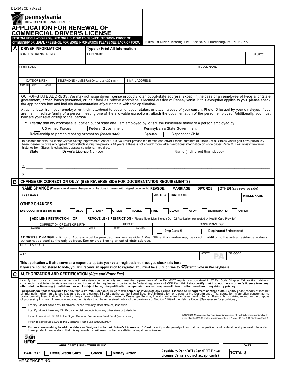 Form DL-143CD Application for Renewal of Commercial Drivers License - Pennsylvania, Page 1