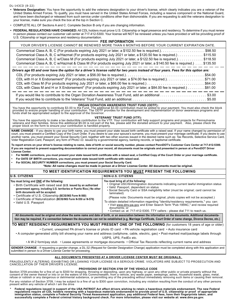 Form DL-143CD Application for Renewal of Commercial Drivers License - Pennsylvania, Page 2