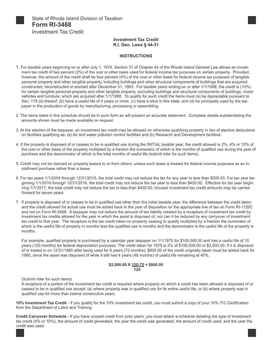 Form RI-3468 Investment Tax Credit - Rhode Island, Page 3