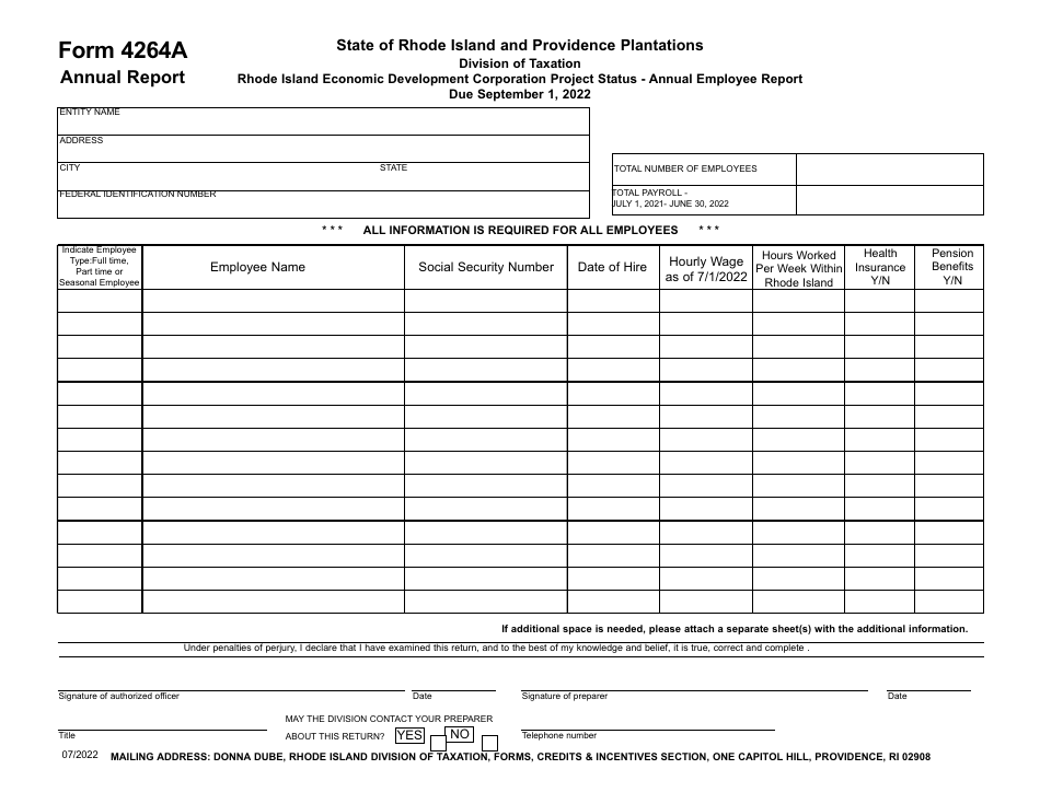 Form 4264A Rhode Island Economic Development Corporation Project Status - Annual Employee Report - Rhode Island, Page 1