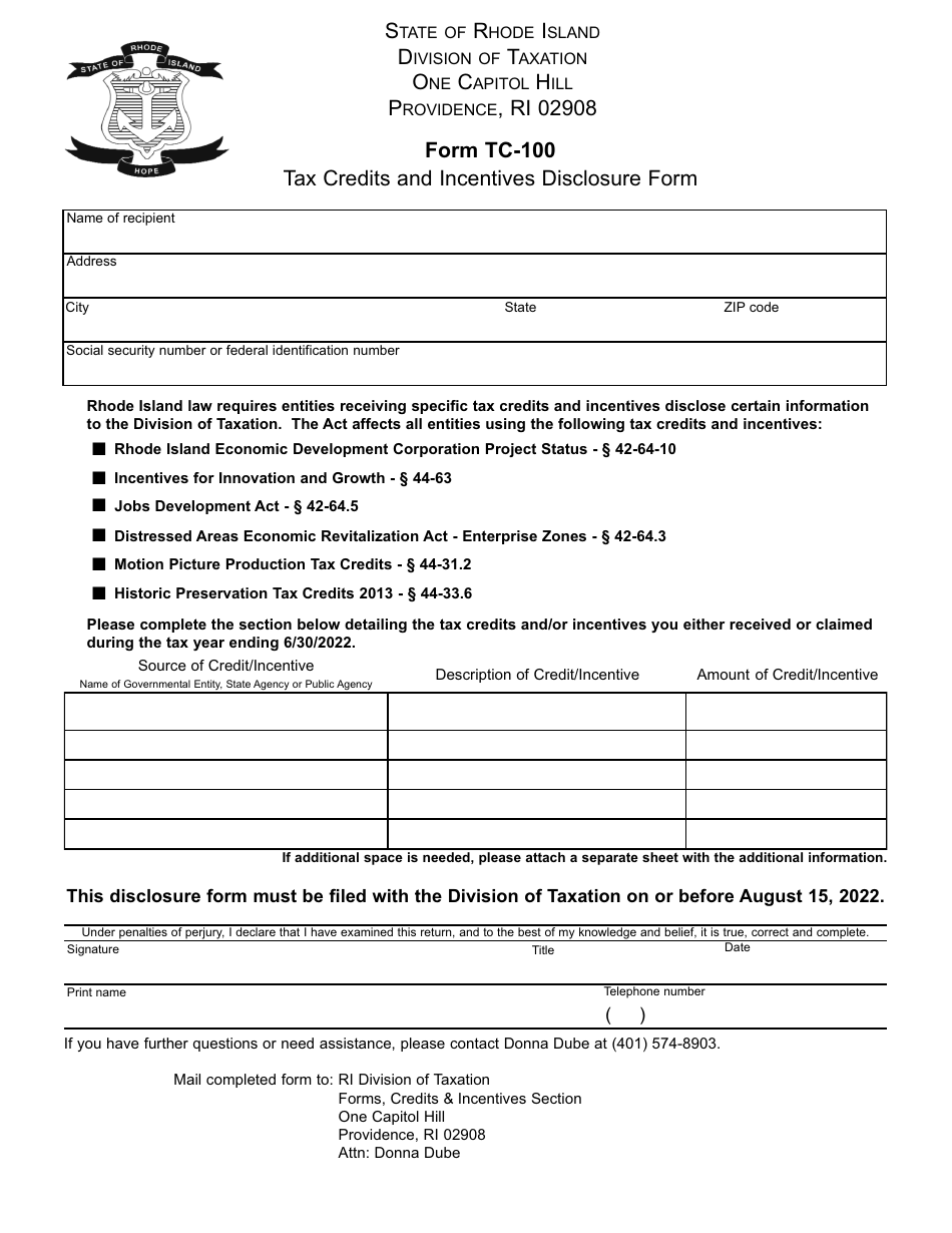 Form TC-100 Tax Credits and Incentives Disclosure Form - Rhode Island, Page 1