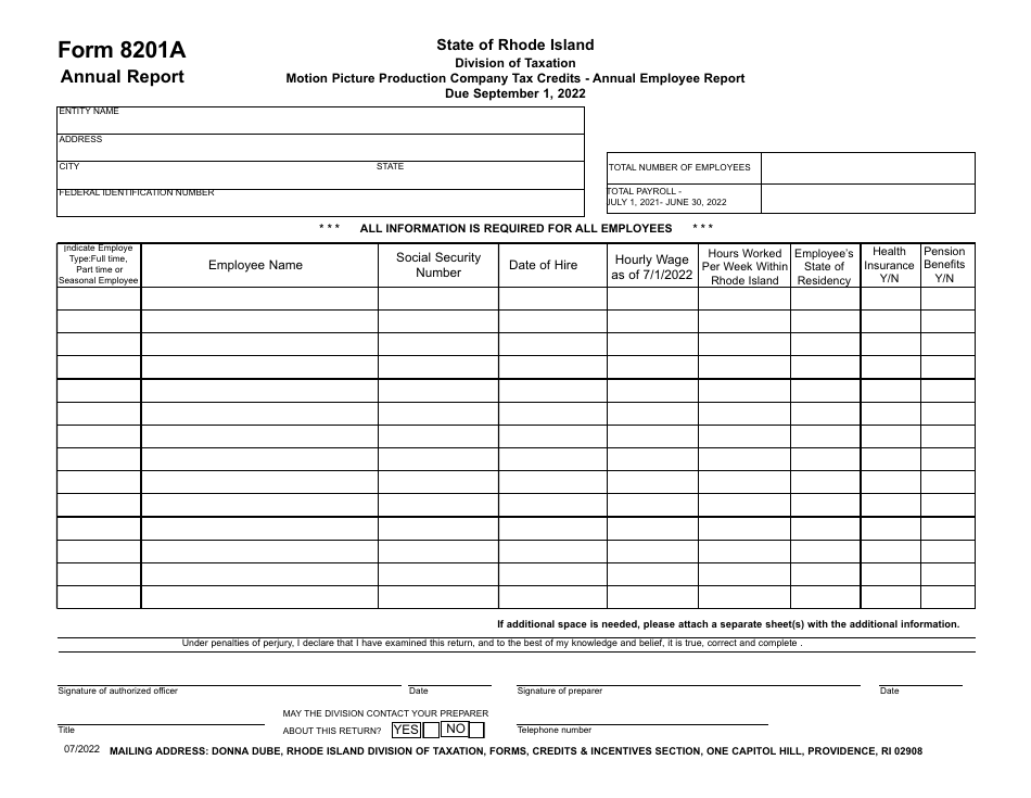 Form 8201A Motion Picture Production Company Tax Credits - Annual Employee Report - Rhode Island, Page 1