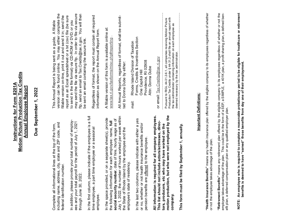 Form 8201A Motion Picture Production Company Tax Credits - Annual Employee Report - Rhode Island, Page 2