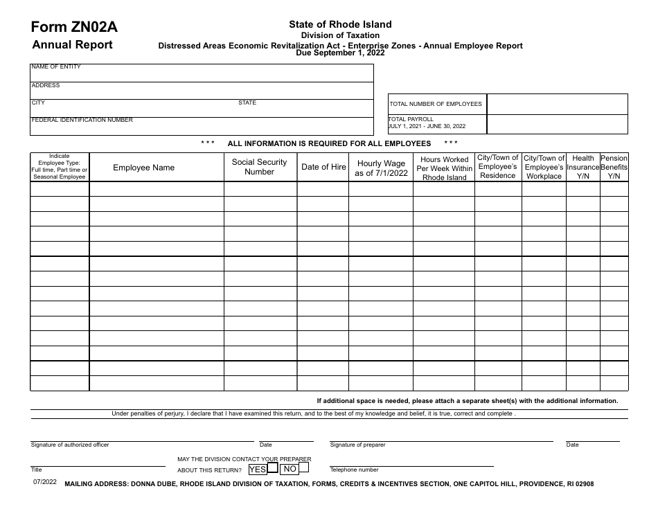 Form ZN02A Distressed Areas Economic Revitalization Act - Enterprise Zones - Annual Employee Report - Rhode Island, Page 1