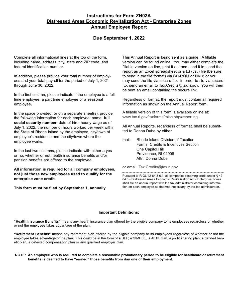 Form ZN02A Distressed Areas Economic Revitalization Act - Enterprise Zones - Annual Employee Report - Rhode Island, Page 2