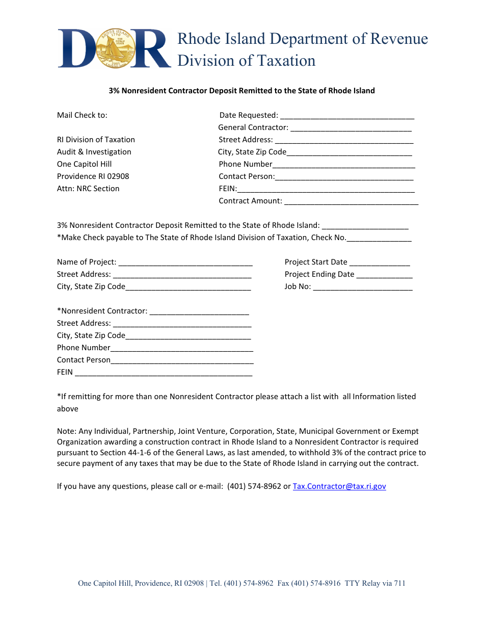Rhode Island 3 Nonresident Contractor Deposit Remitted to the State of