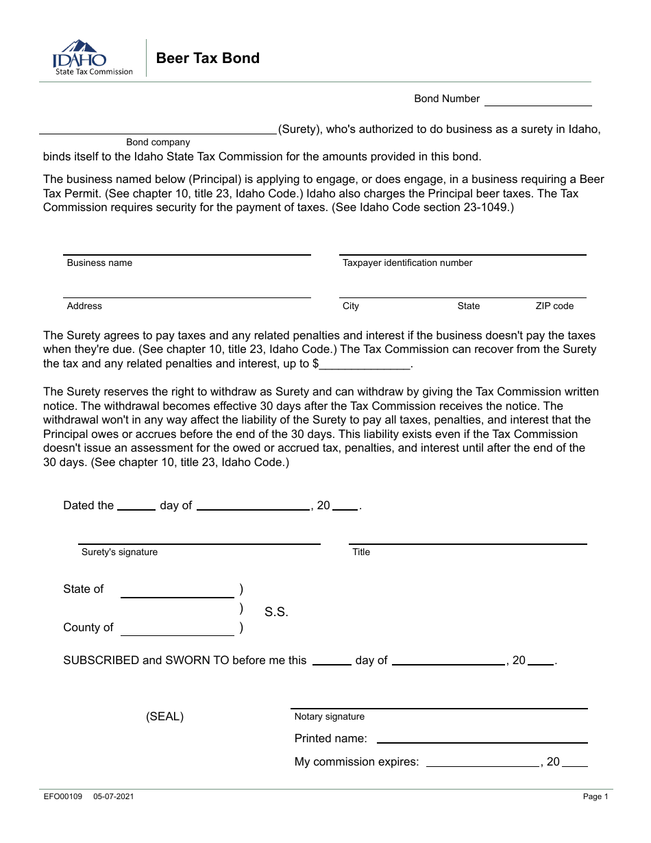 Form EFO00109 Beer Tax Bond - Idaho, Page 1