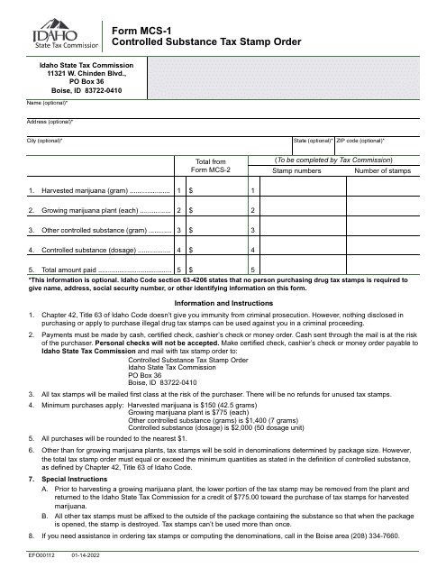 Form MCS-1 (EFO00112) Controlled Substance Tax Stamp Order - Idaho