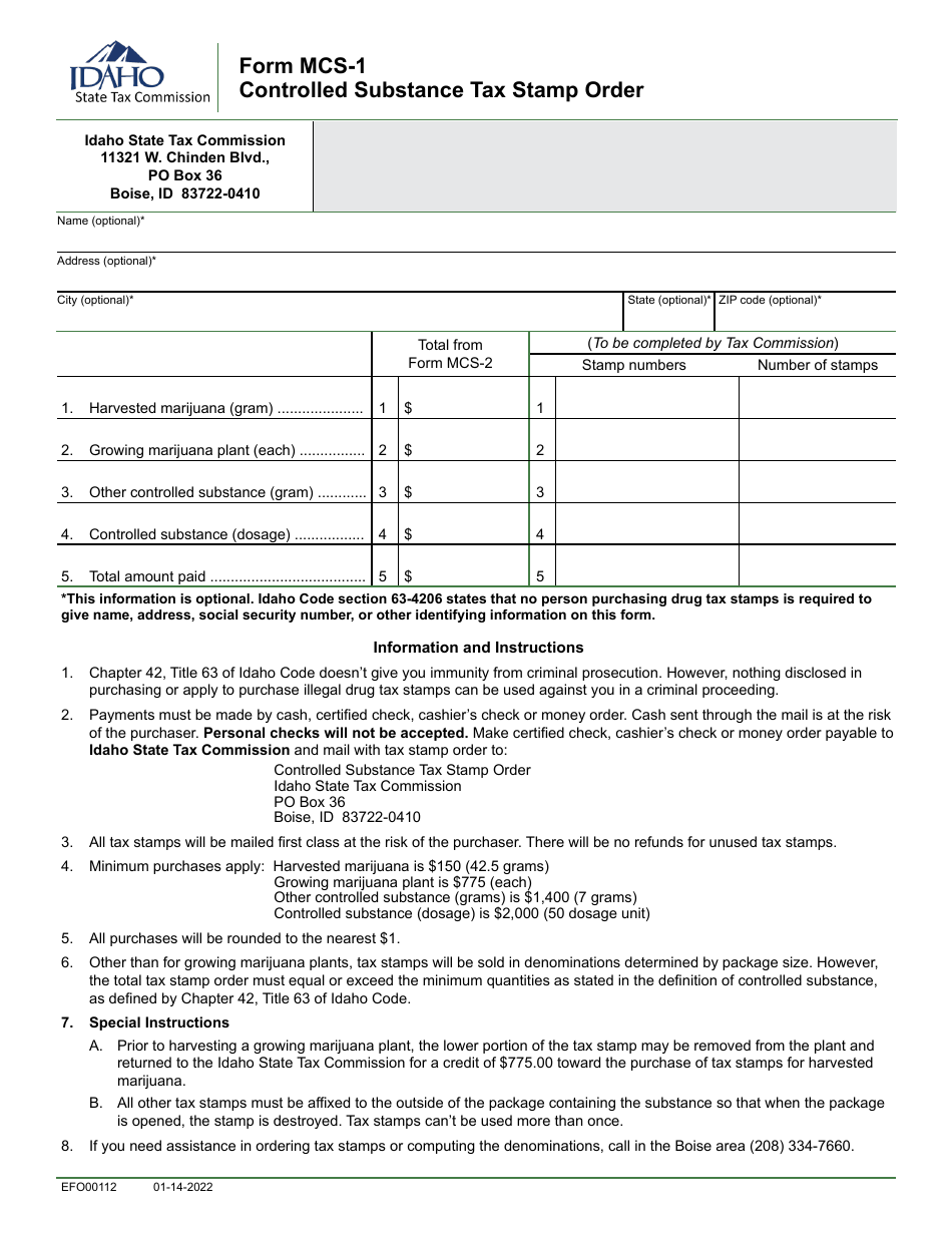 Form MCS-1 (EFO00112) Controlled Substance Tax Stamp Order - Idaho, Page 1