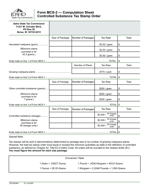 Form MCS-2 (EFO00269) Computation Sheet for Controlled Substance Tax Stamp Order - Idaho