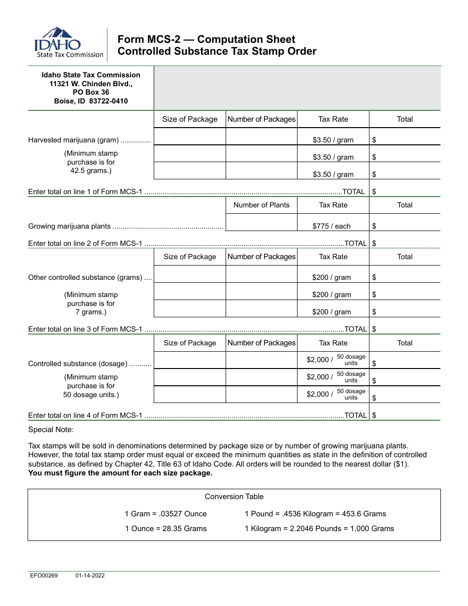 Form MCS-2 (EFO00269) Computation Sheet for Controlled Substance Tax Stamp Order - Idaho, Page 1