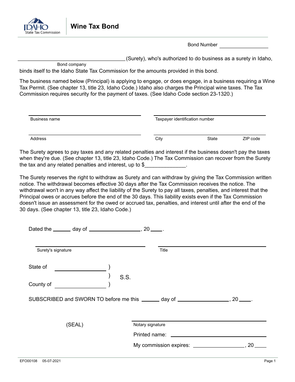 Form EFO00108 Wine Tax Bond - Idaho, Page 1