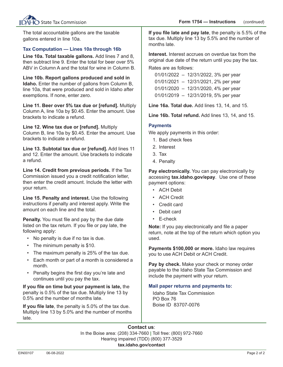Instructions for Form 1754 Distributors, Wholesalers, Wineries, Direct Shippers, and Brewers of Beer Over 5% Alcohol by Volume Tax Return - Idaho, Page 2