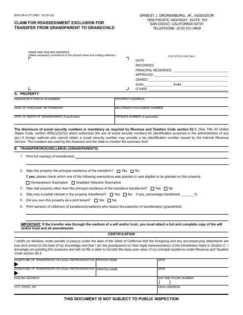 Form BOE-58-G Claim for Reassessment Exclusion for Transfer From Grandparent to Grandchild - County of San Diego, California
