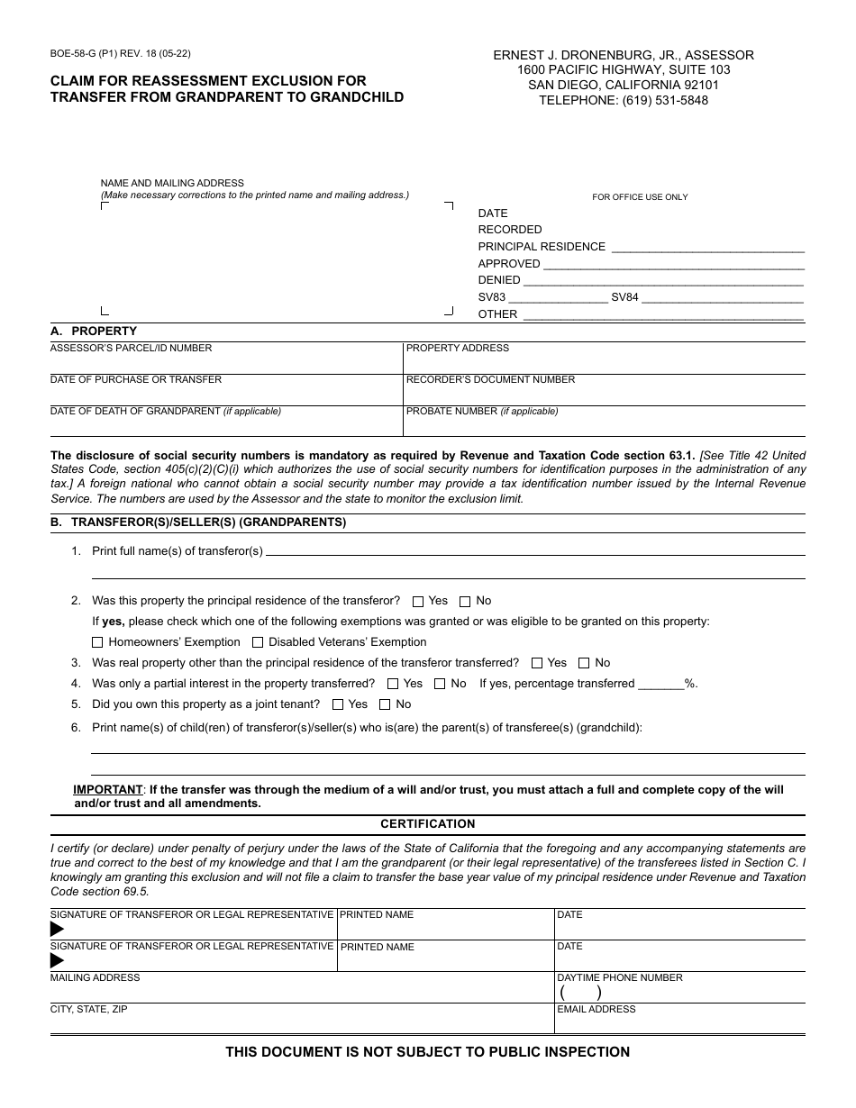 Form BOE-58-G Claim for Reassessment Exclusion for Transfer From Grandparent to Grandchild - County of San Diego, California, Page 1