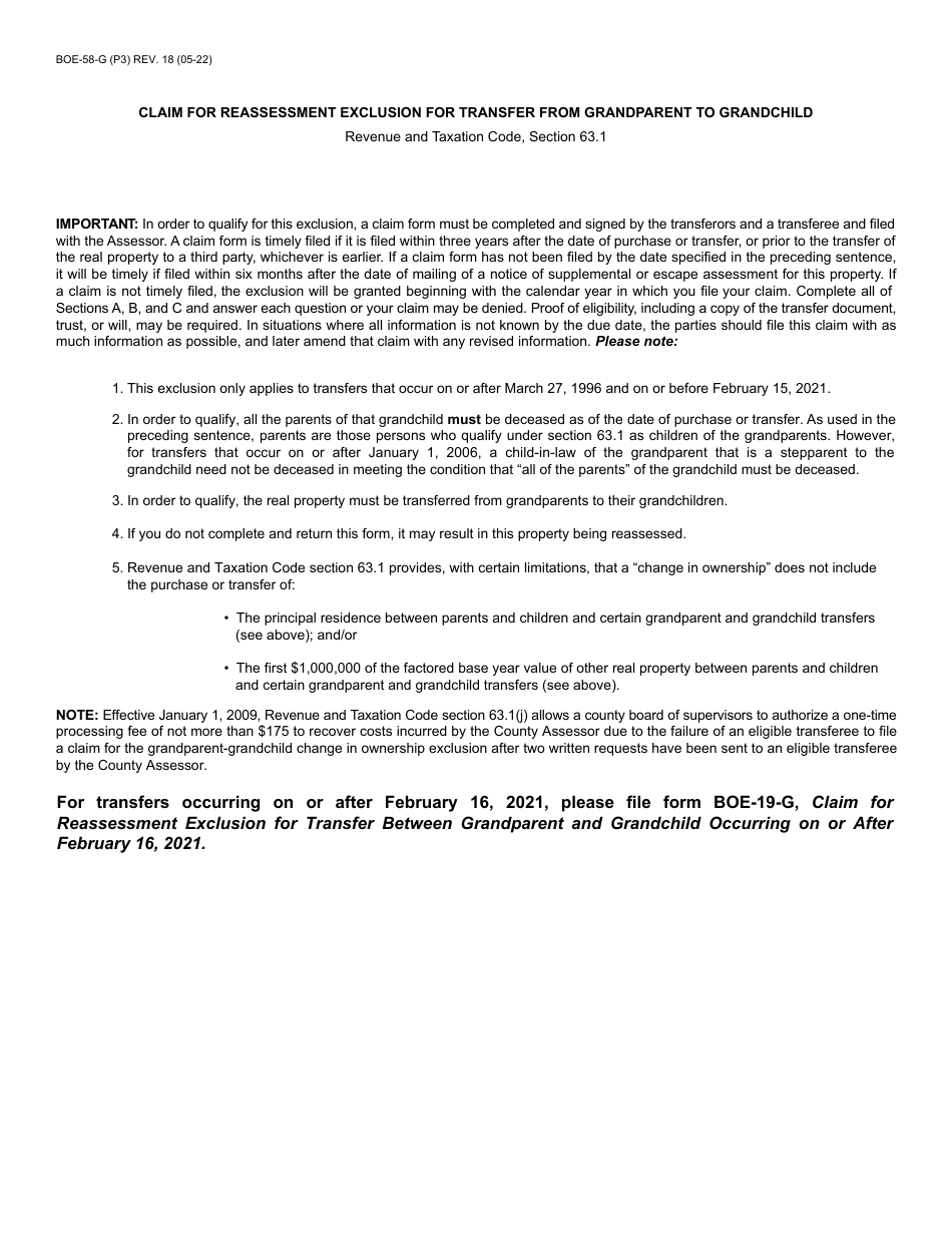 Form BOE-58-G Claim for Reassessment Exclusion for Transfer From Grandparent to Grandchild - County of San Diego, California, Page 3