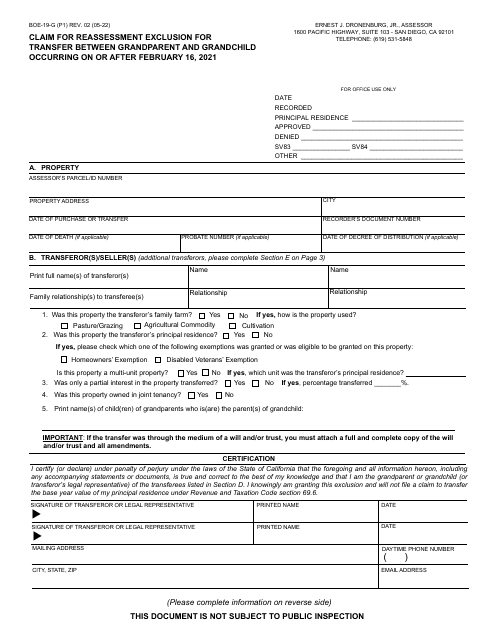 Form BOE-19-G Claim for Reassessment Exclusion for Transfer Between Grandparent and Grandchild - County of San Diego, California