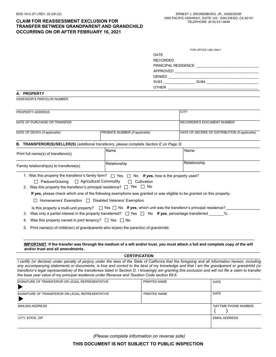 Form BOE-19-G Claim for Reassessment Exclusion for Transfer Between Grandparent and Grandchild - County of San Diego, California, Page 1